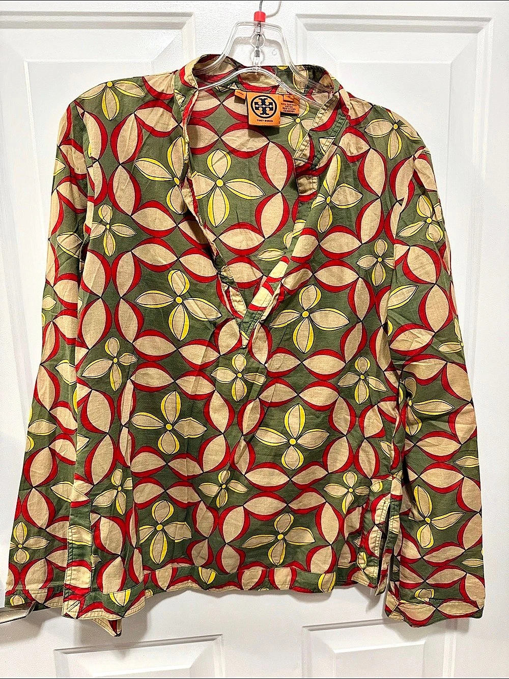 Tory Burch Geometric Cotton long sleeves V-neck tunic blouse Sz 10